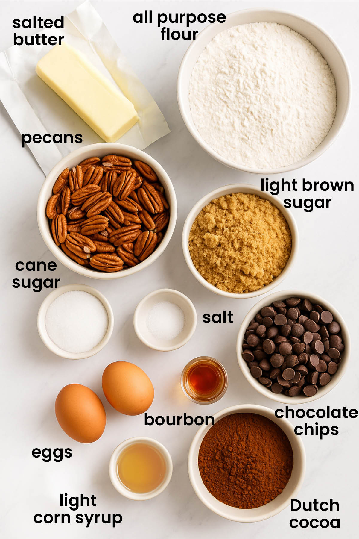 individual ingredients for chocolate bourbon pecan pie laid out against a white background.