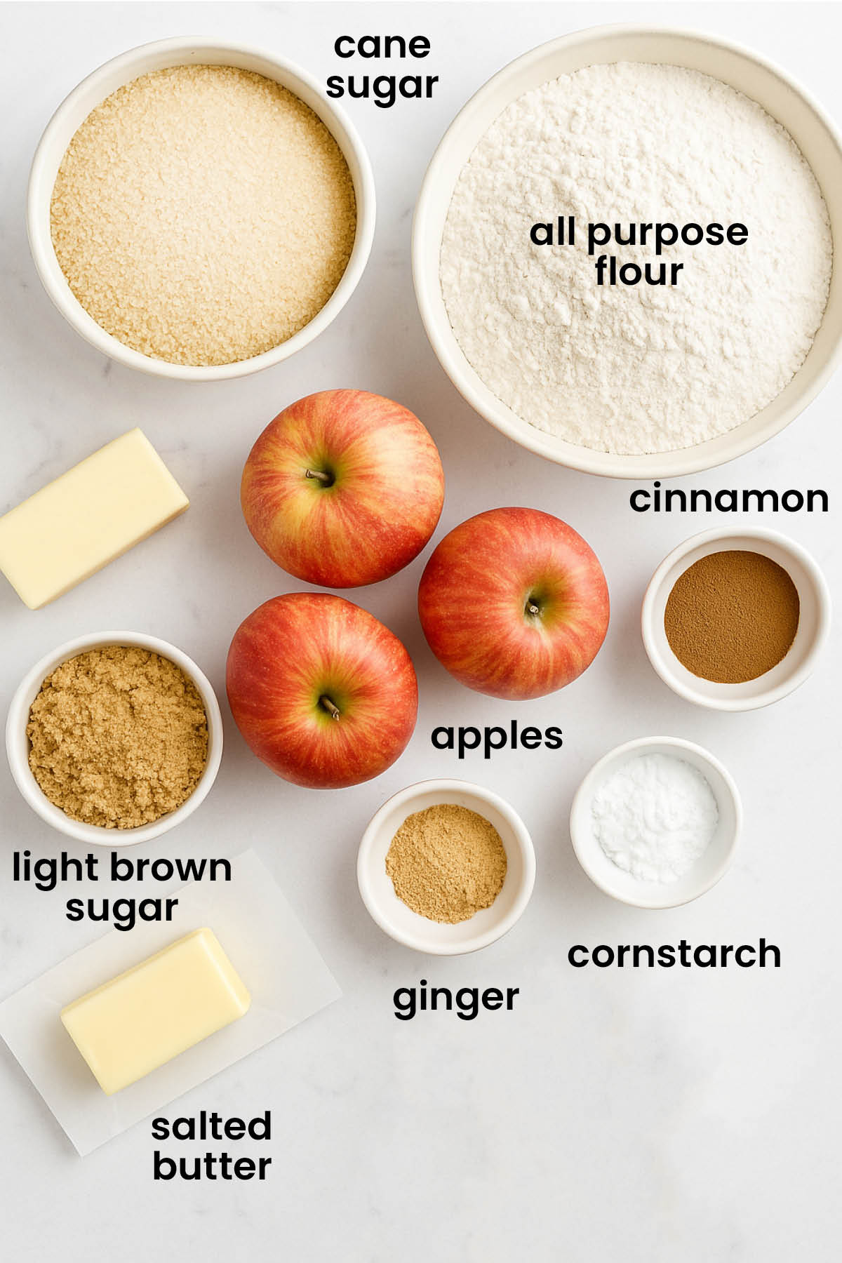 individual ingredients for dutch apple pie laid out against a white background.