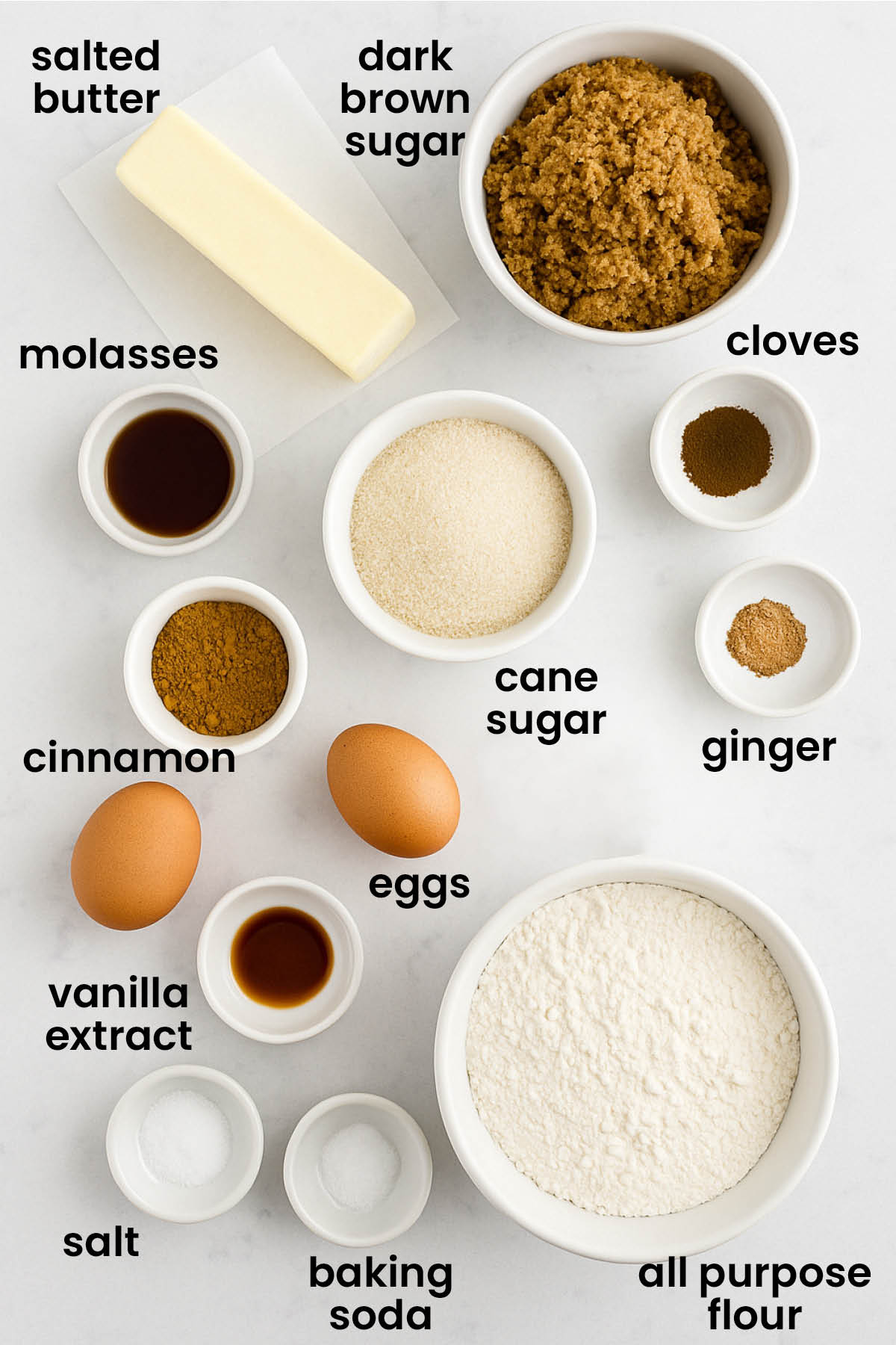 individual ingredients for gingerbread biscotti laid out against a white background.