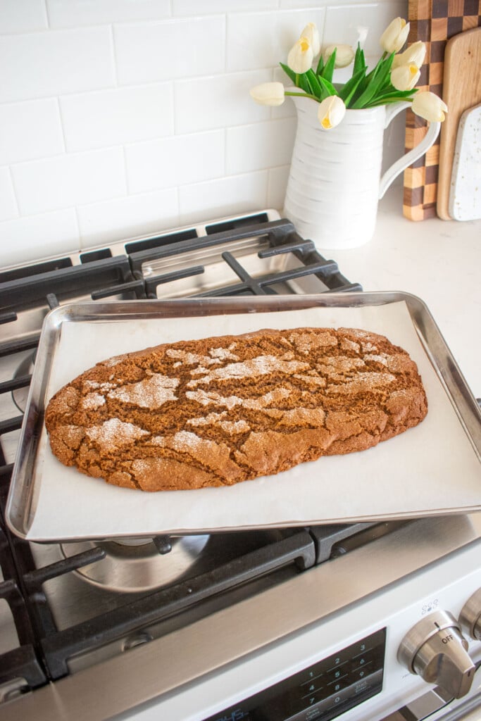 baked gingerbread biscotti loaf on a bak