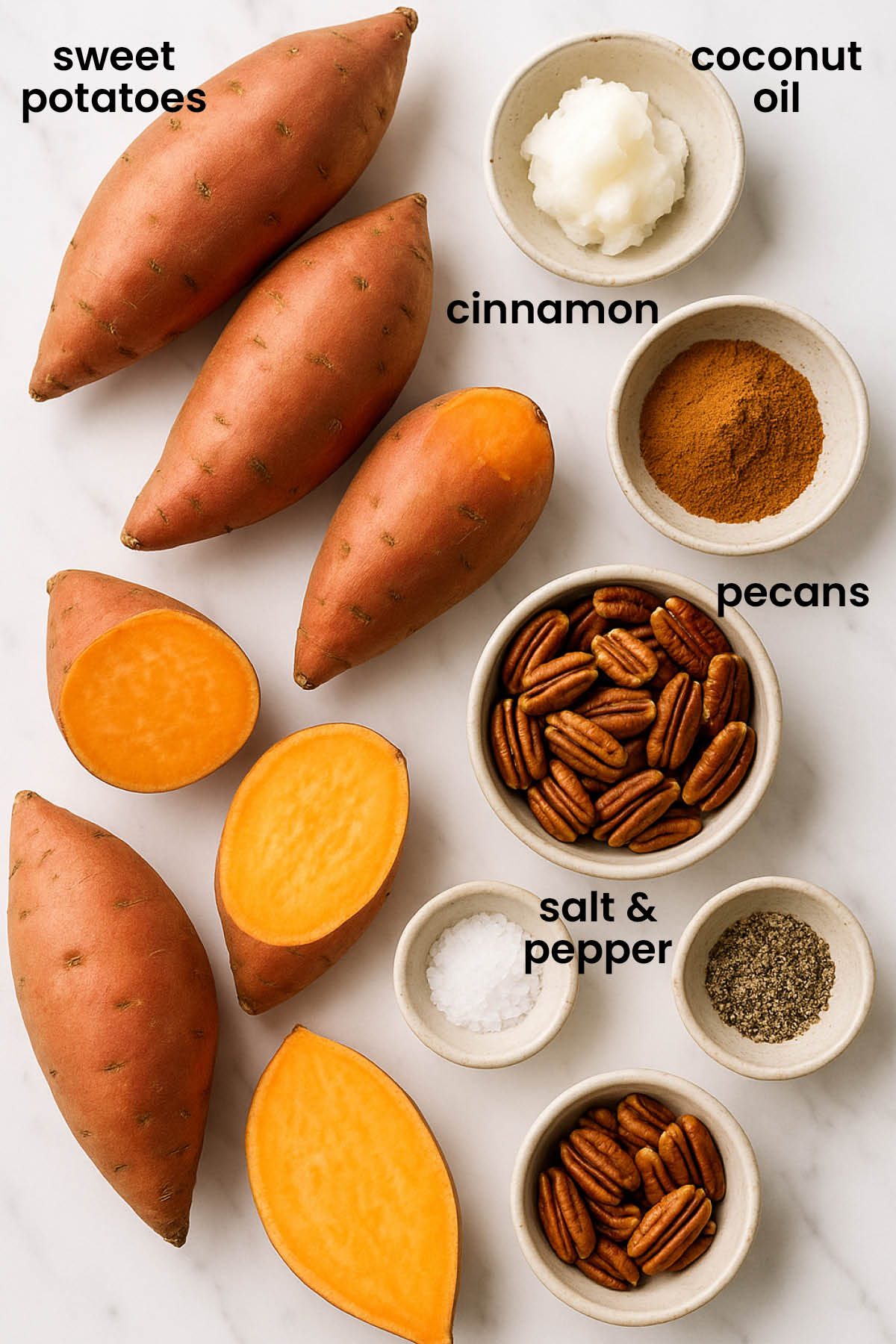 individual ingredients for roasted cinnamon sweet potatoes with pecans laid out against a white background.