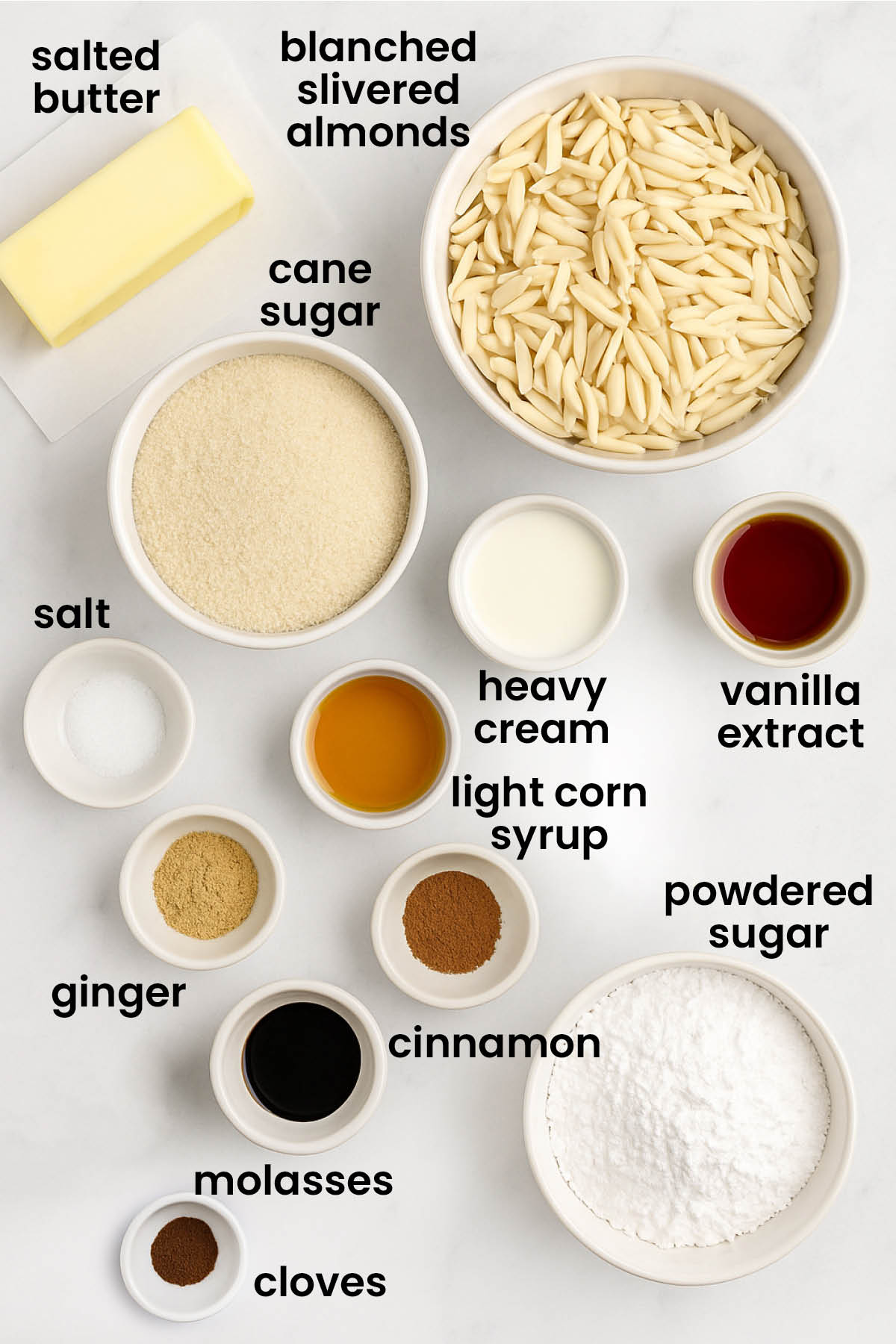 individual ingredients for gingerbread florentine sandwich cookies laid out against a white background.