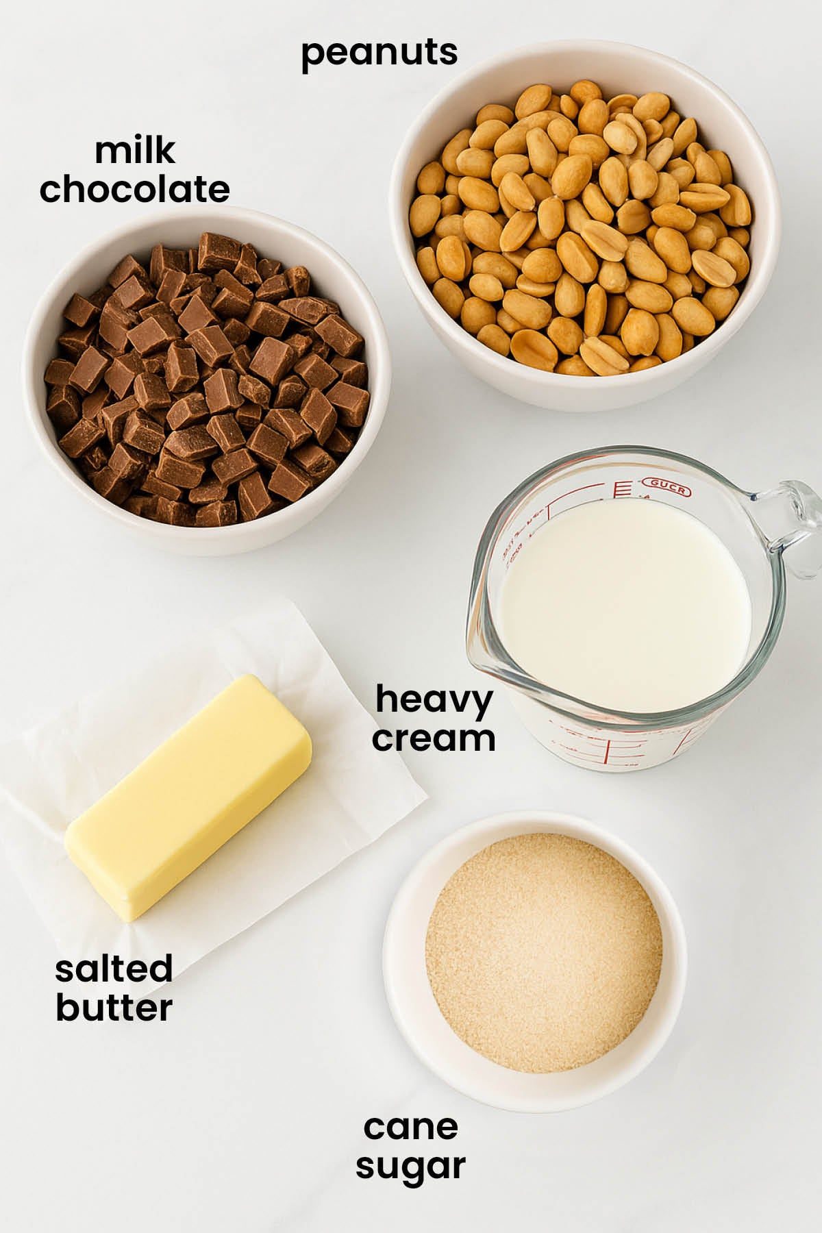 individual ingredients for peanut turtle candy laid out against a white background.