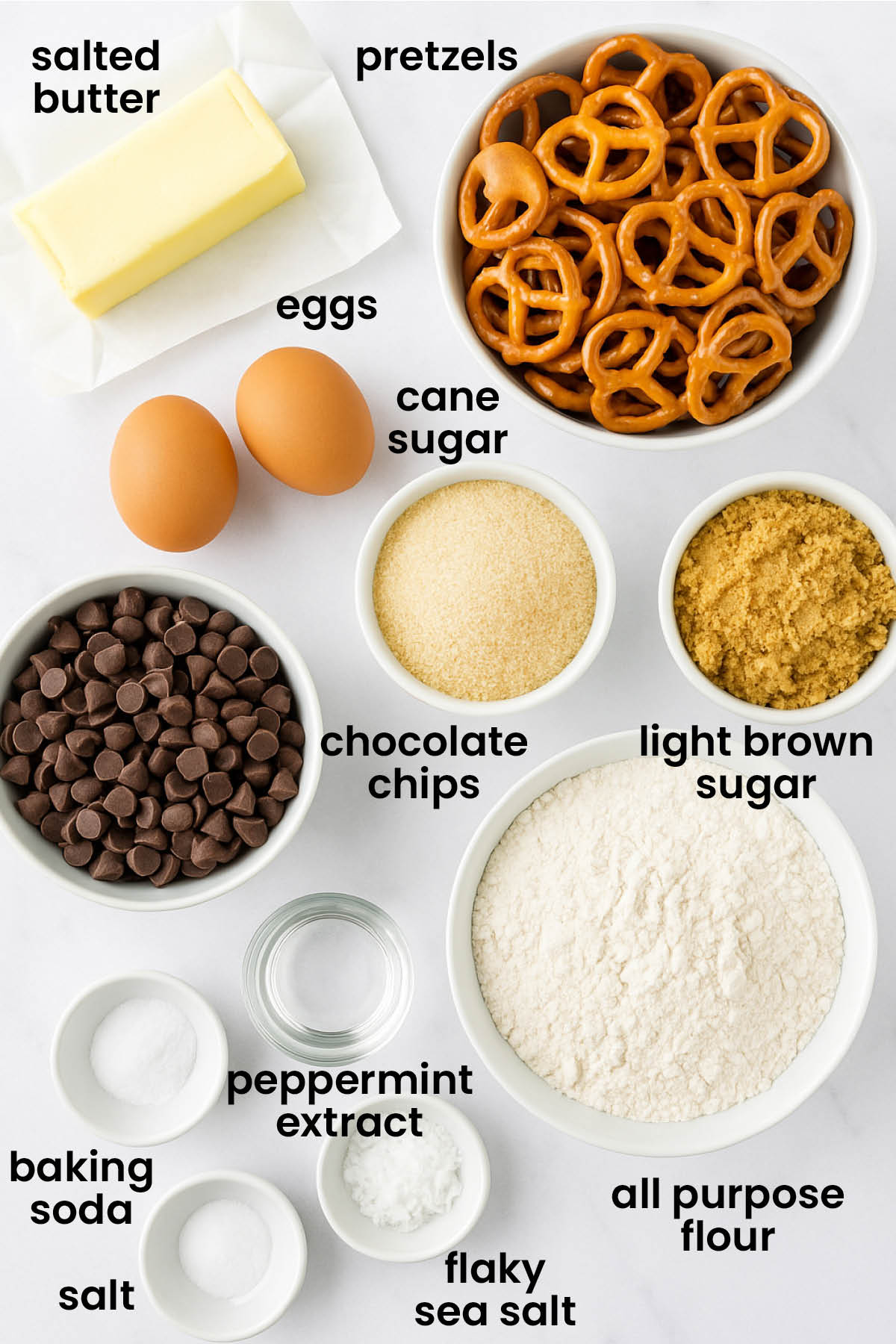 individual ingredients for peppermint pretzel chocolate chip cookies laid out against a white background.
