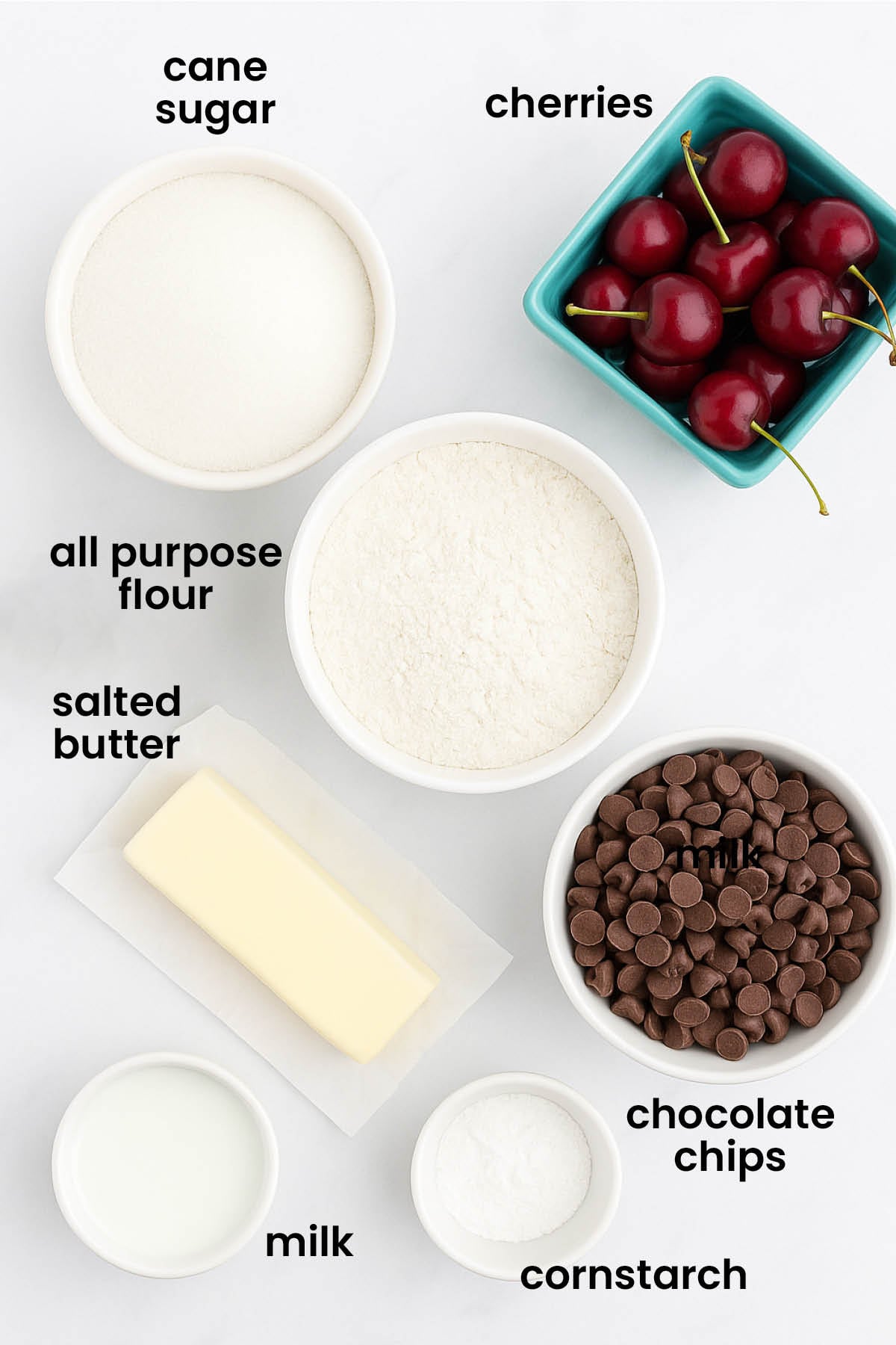 individual ingredients for cherry chocolate chip pie laid out against a white background.