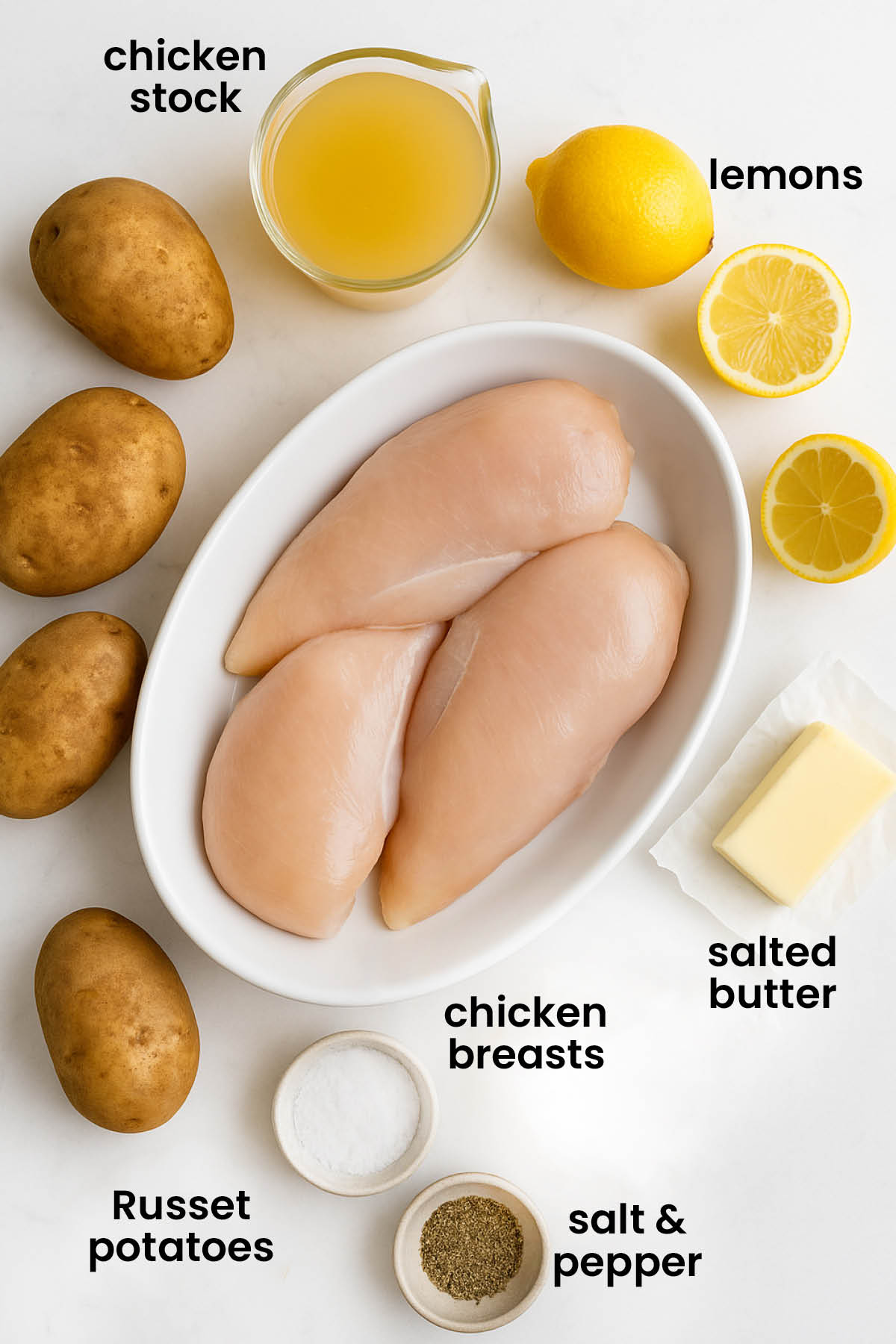 individual ingredients for Greek lemon chicken and potatoes laid out against a white background.