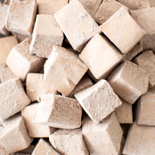 homemade chocolate marshmallows without eggs on a baking sheet.