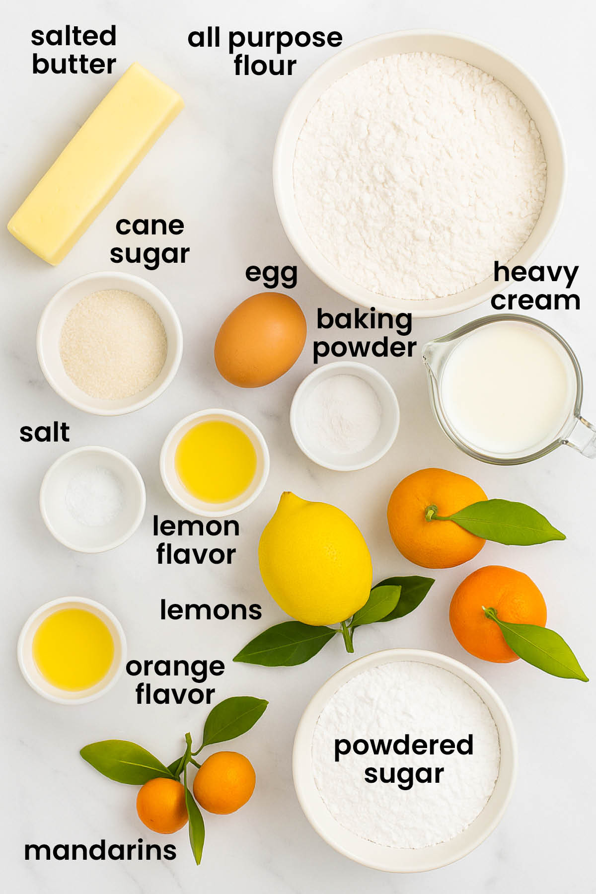 individual ingredients for citrus scones laid out against a white background.