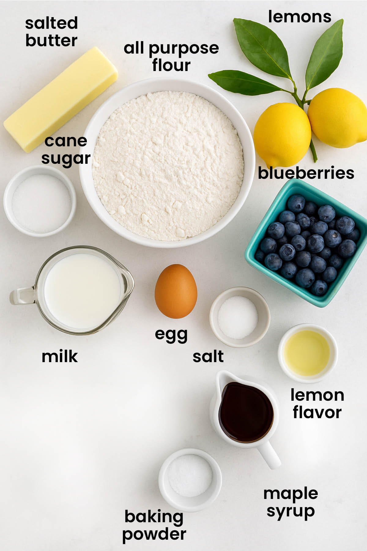 individual ingredients for Meyer lemon pancakes laid out against a white background.
