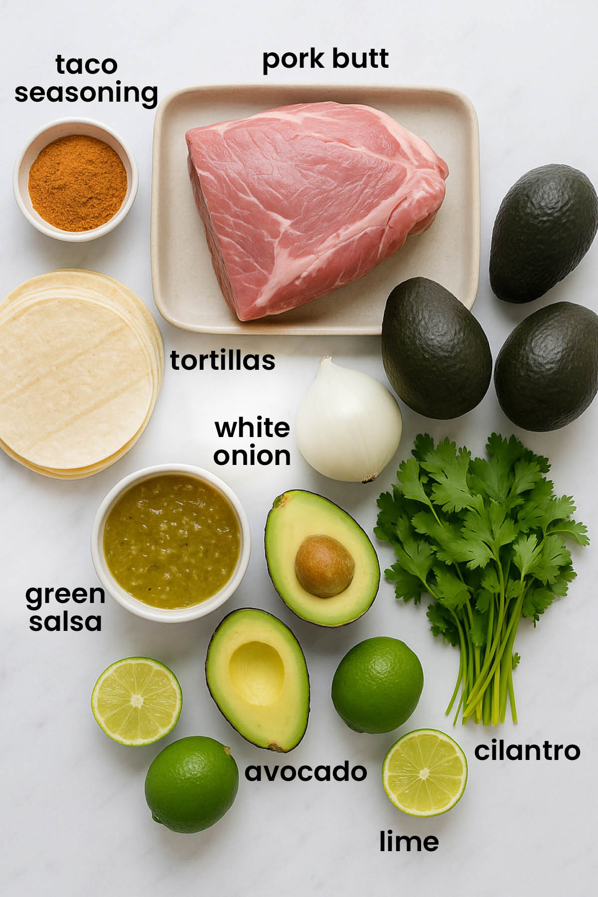 individual ingredients for slow cooker pulled pork street tacos laid out against a white background.