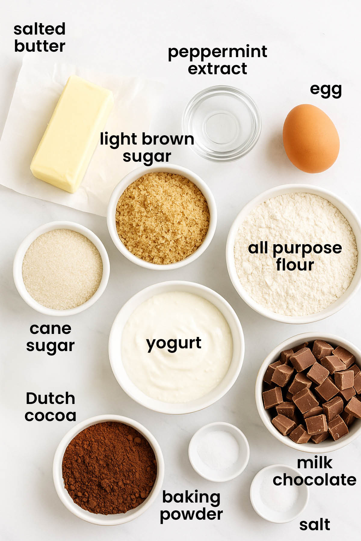 individual ingredients for thin mint biscotti laid out against a white background.