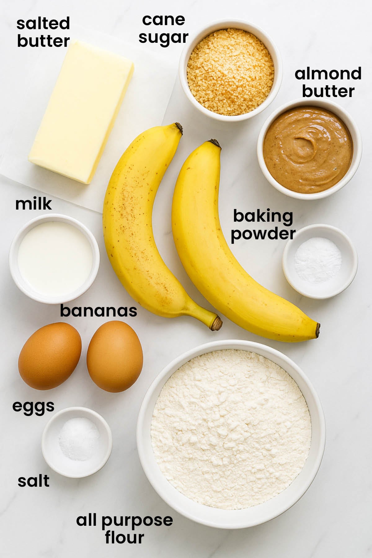 individual ingredients for almond butter banana bread laid out against a white background.