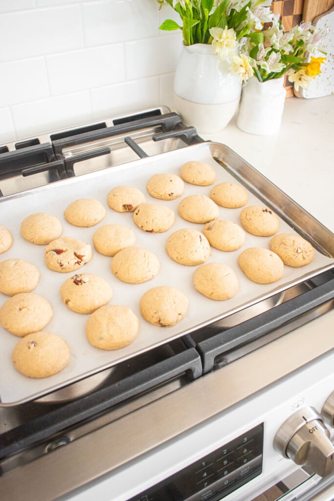baked cinnamon pecan greek butter cookies on a baking sheet on top of an oven.