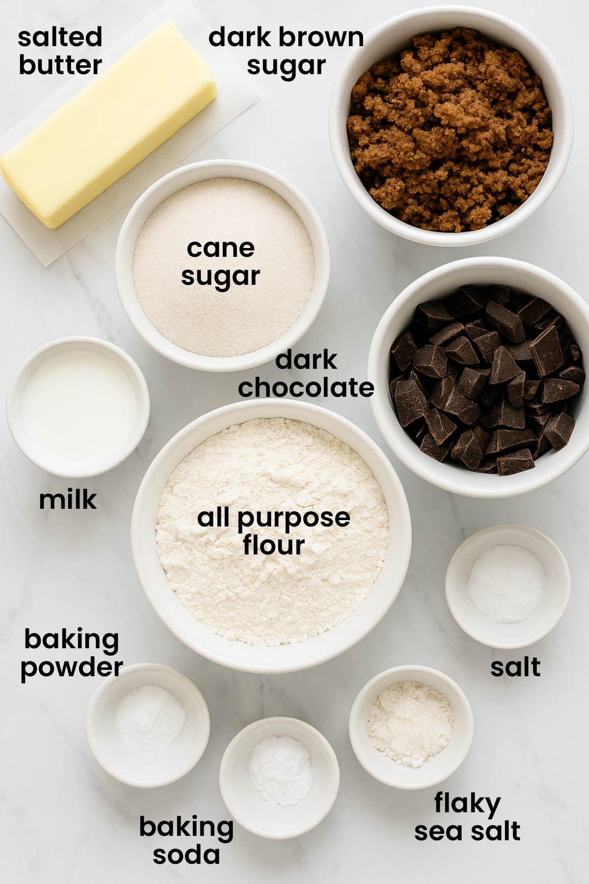 individual ingredients for eggless sea salt dark chocolate chunk cookies laid out against a white background.