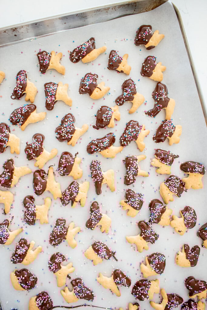 animal crackers half dipped in chocolate with sprinkles on a baking sheet on a white marble counter.