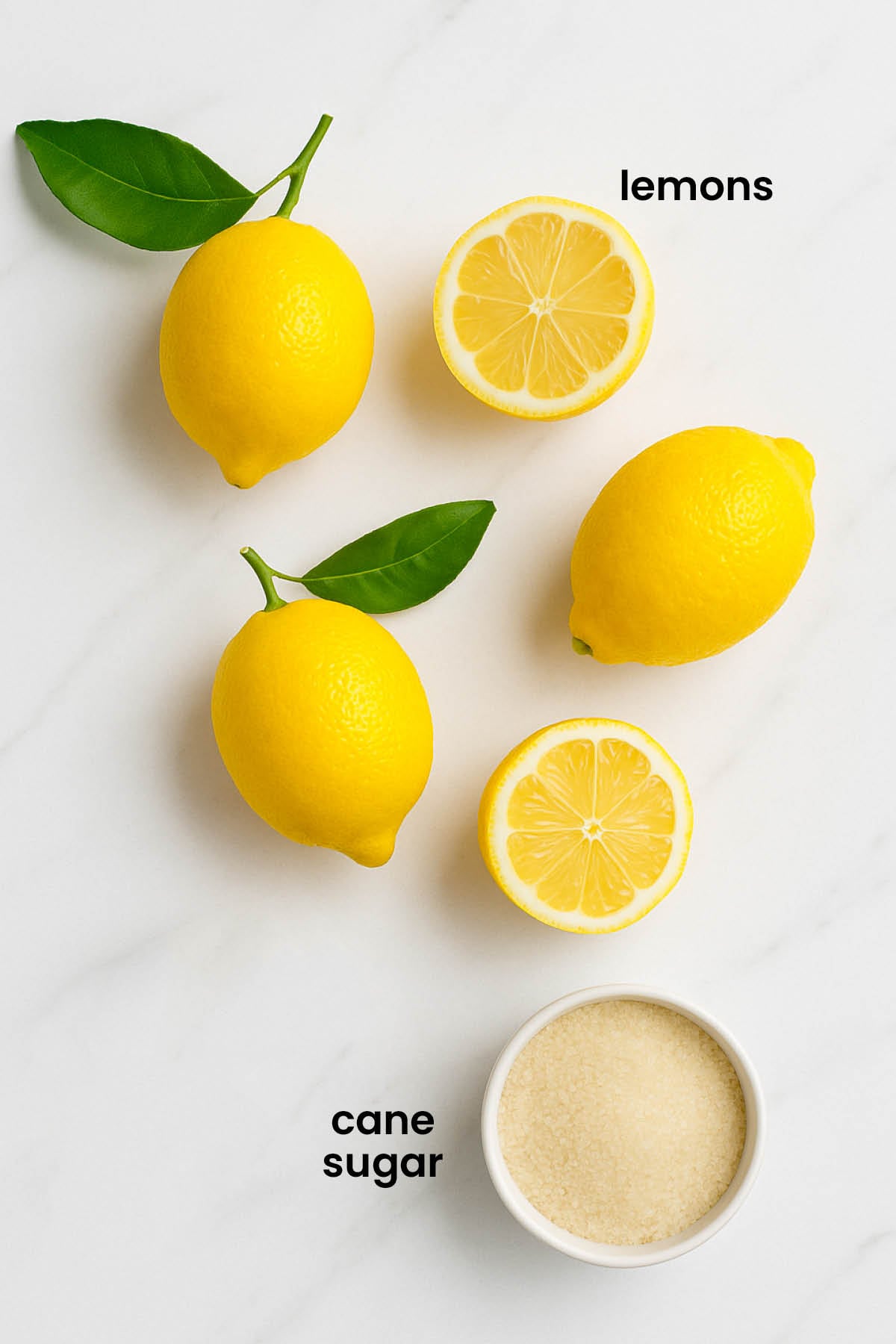 individual ingredients for organic homemade lemonade laid out against a white background.