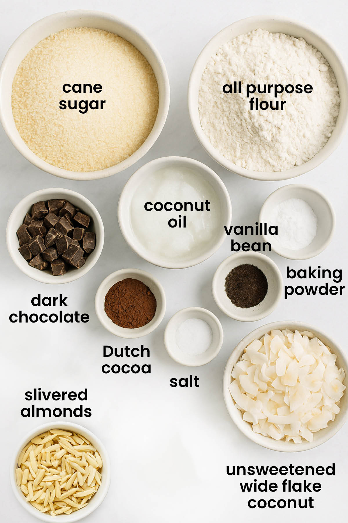 individual ingredients for vegan toasted coconut brownies laid out against a white background.