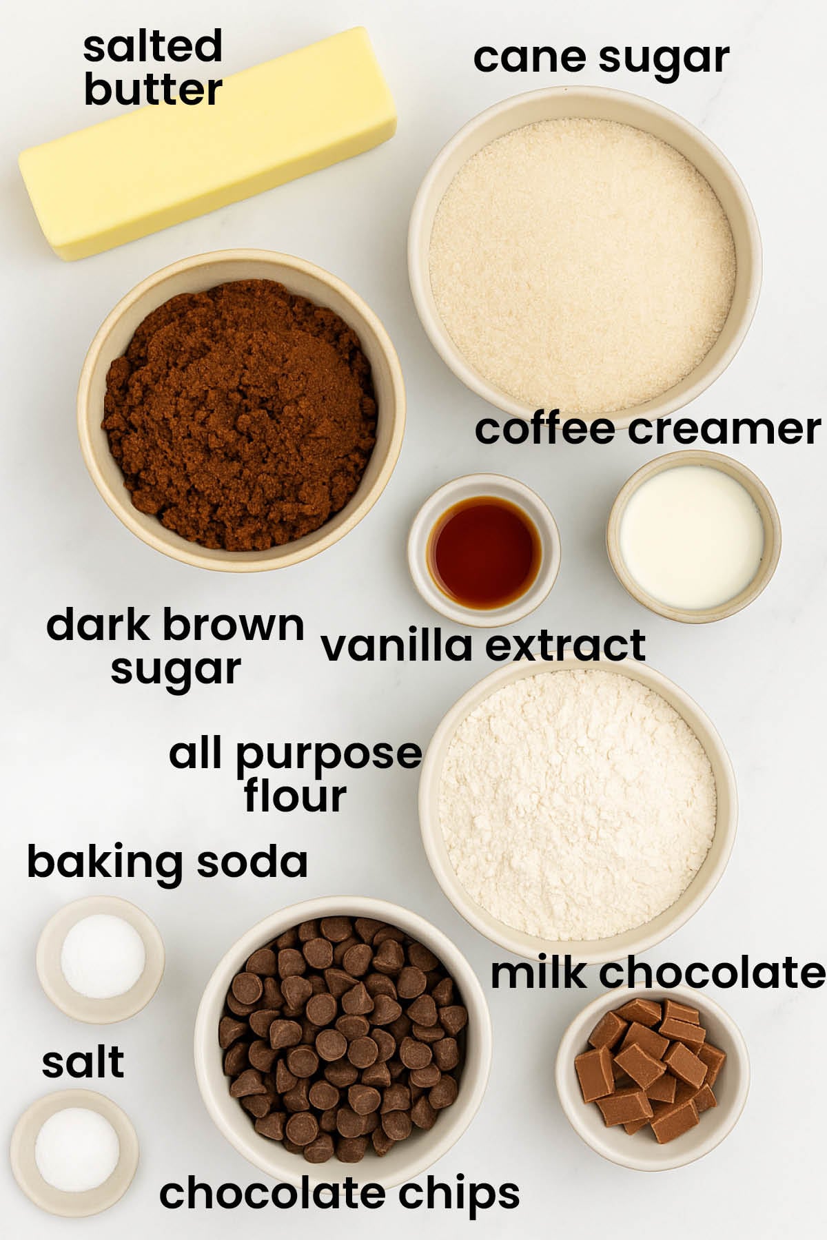 individual ingredients for coffee creamer cookies laid out against a white background.