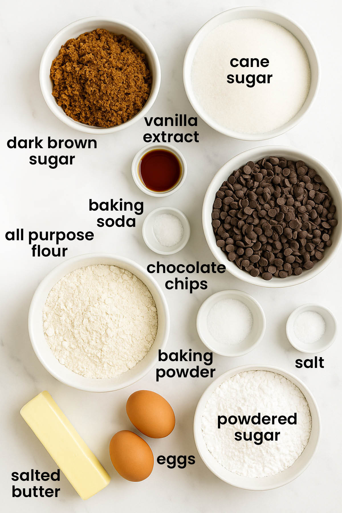 individual ingredients for chocolate chip crinkle cookies laid out against a white background.