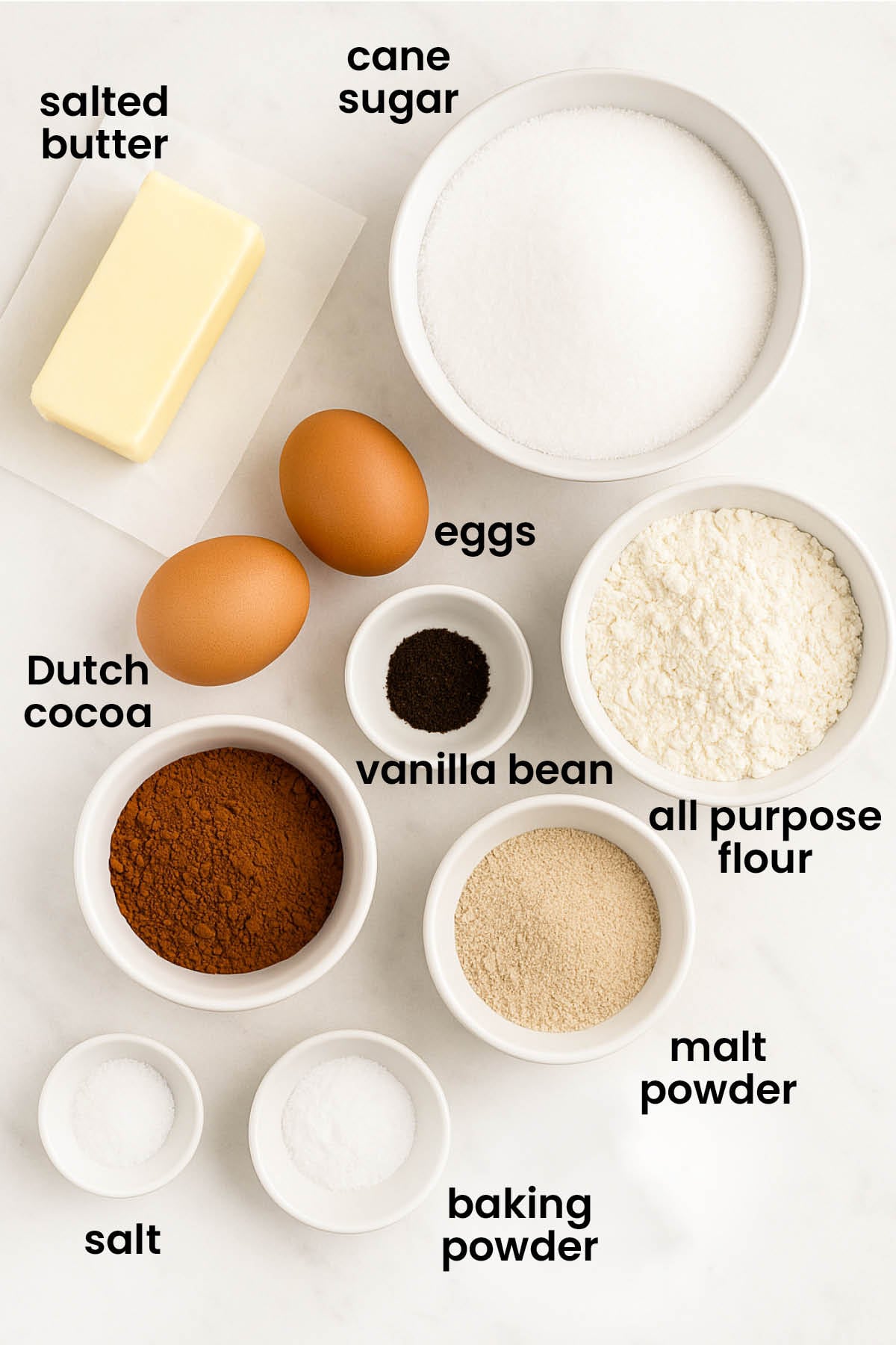 individual ingredients for chocolate malt biscotti laid out against a white background.