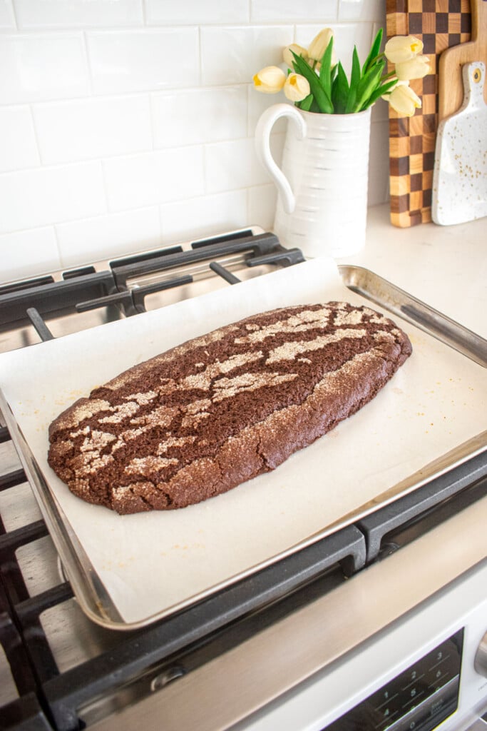 chocolate malt biscotti log cooling on top of an oven.