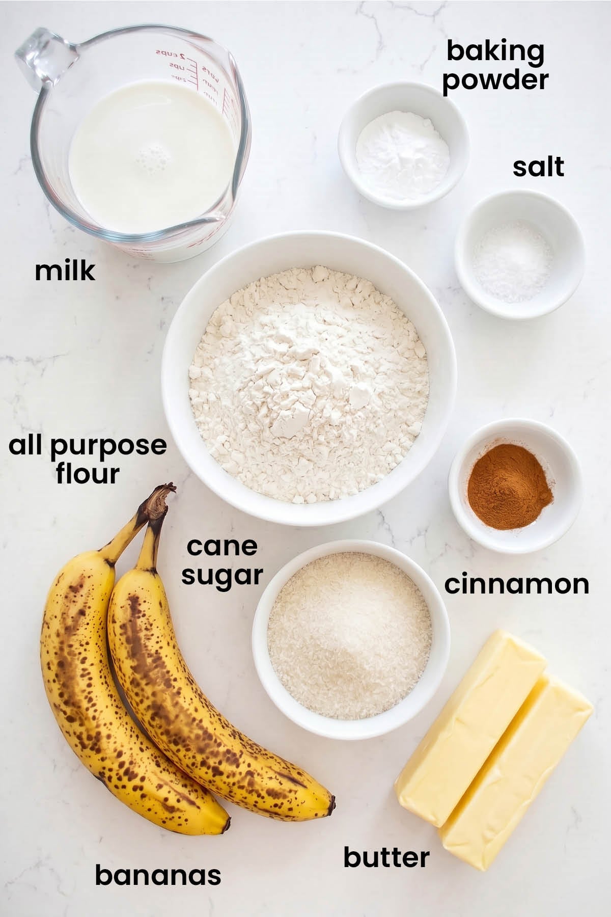 individual ingredients for eggless banana waffles laid out against a white background.