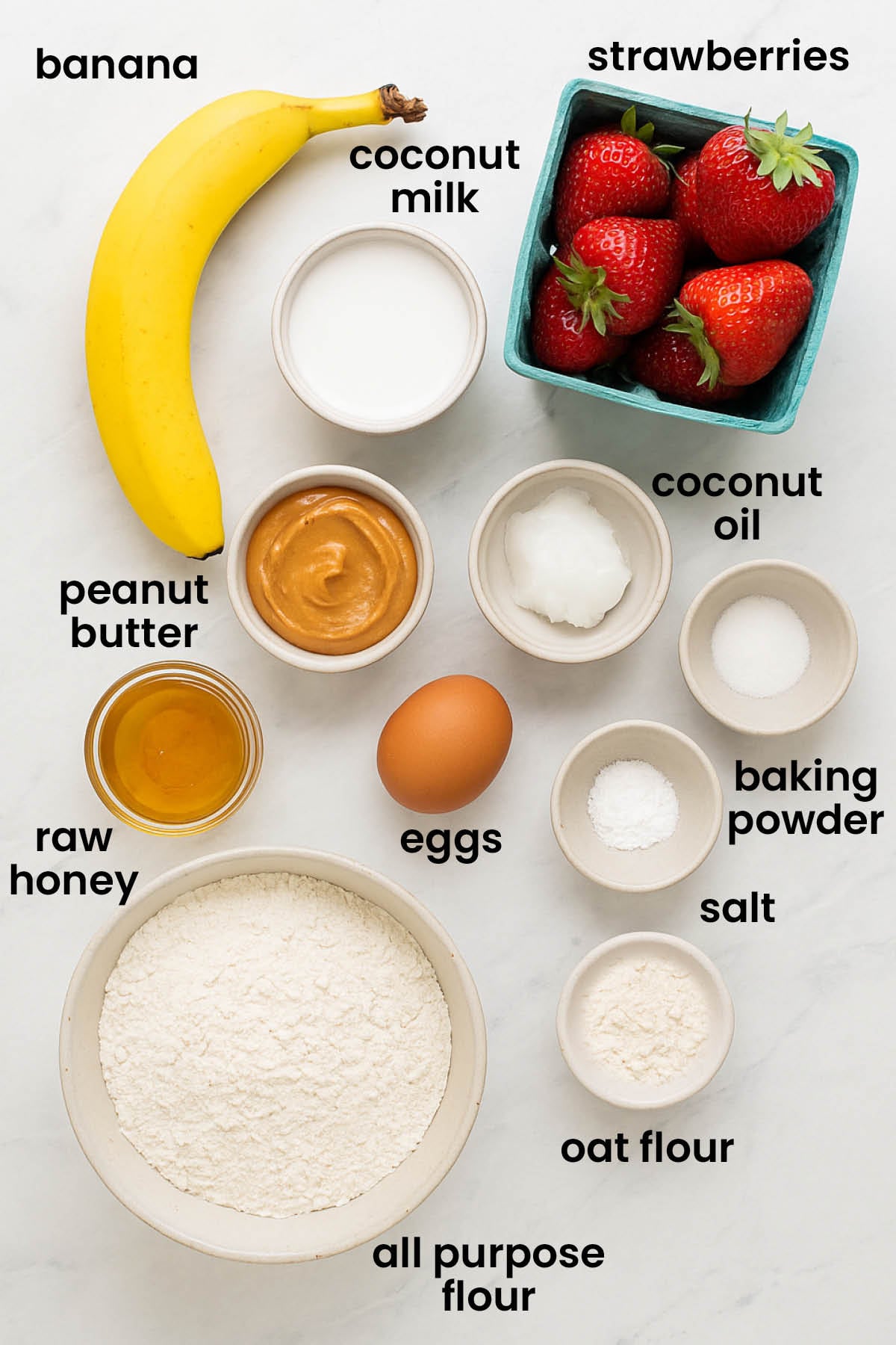 individual ingredients for waffle recipe for dogs laid out against a white background.