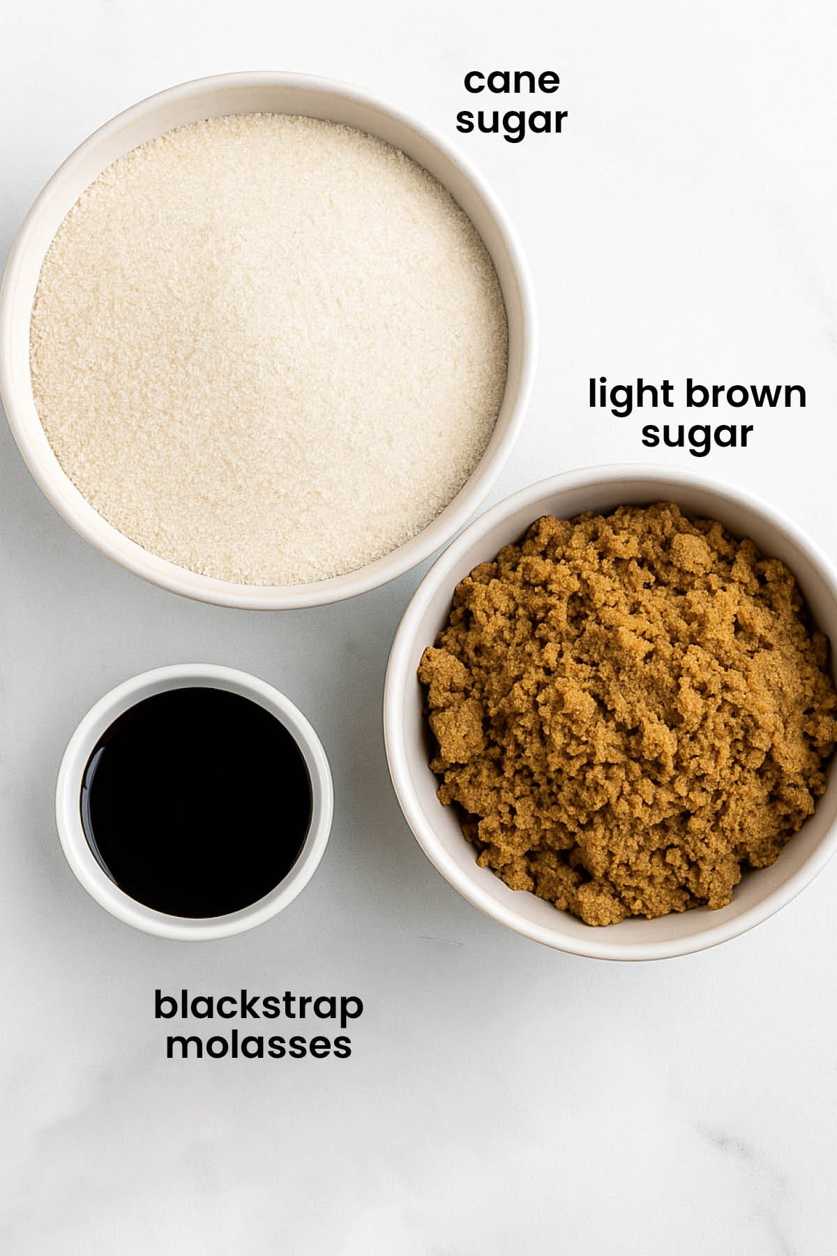 individual ingredients for homemade dark brown sugar laid out against a white background.