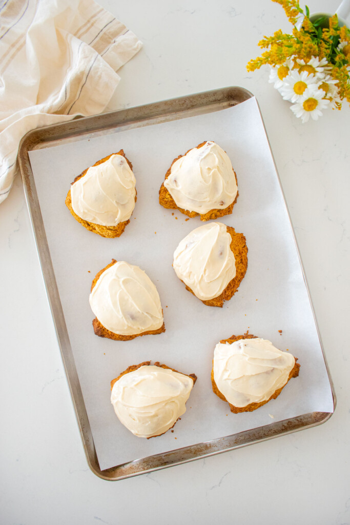 eggless pumpkin spice scones with maple cream cheese glaze on a baking sheet on a marble counter with a vase of fresh flowers.
