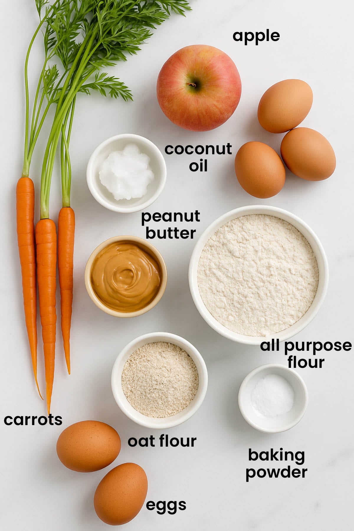 individual ingredients for healthy dog muffins laid out against a white background.