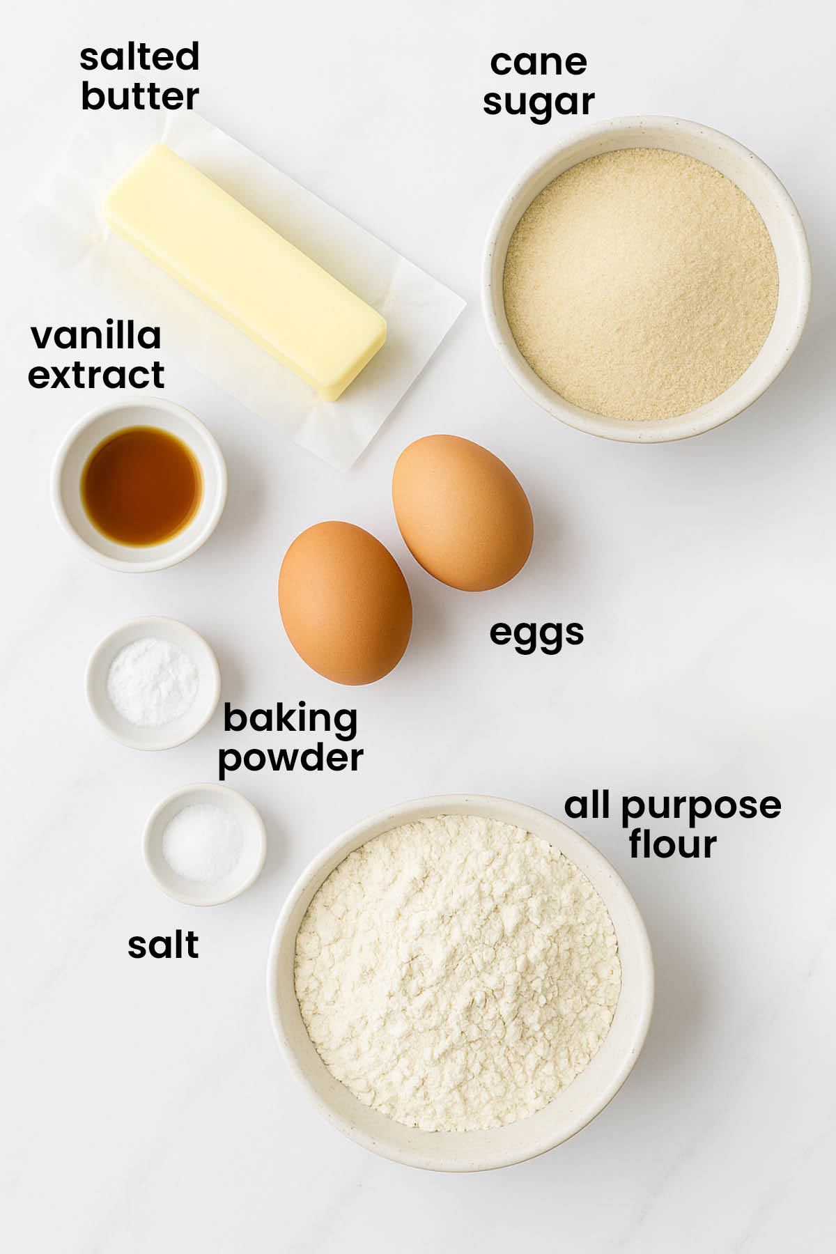individual ingredients for kamut flour biscotti laid out against a white background.