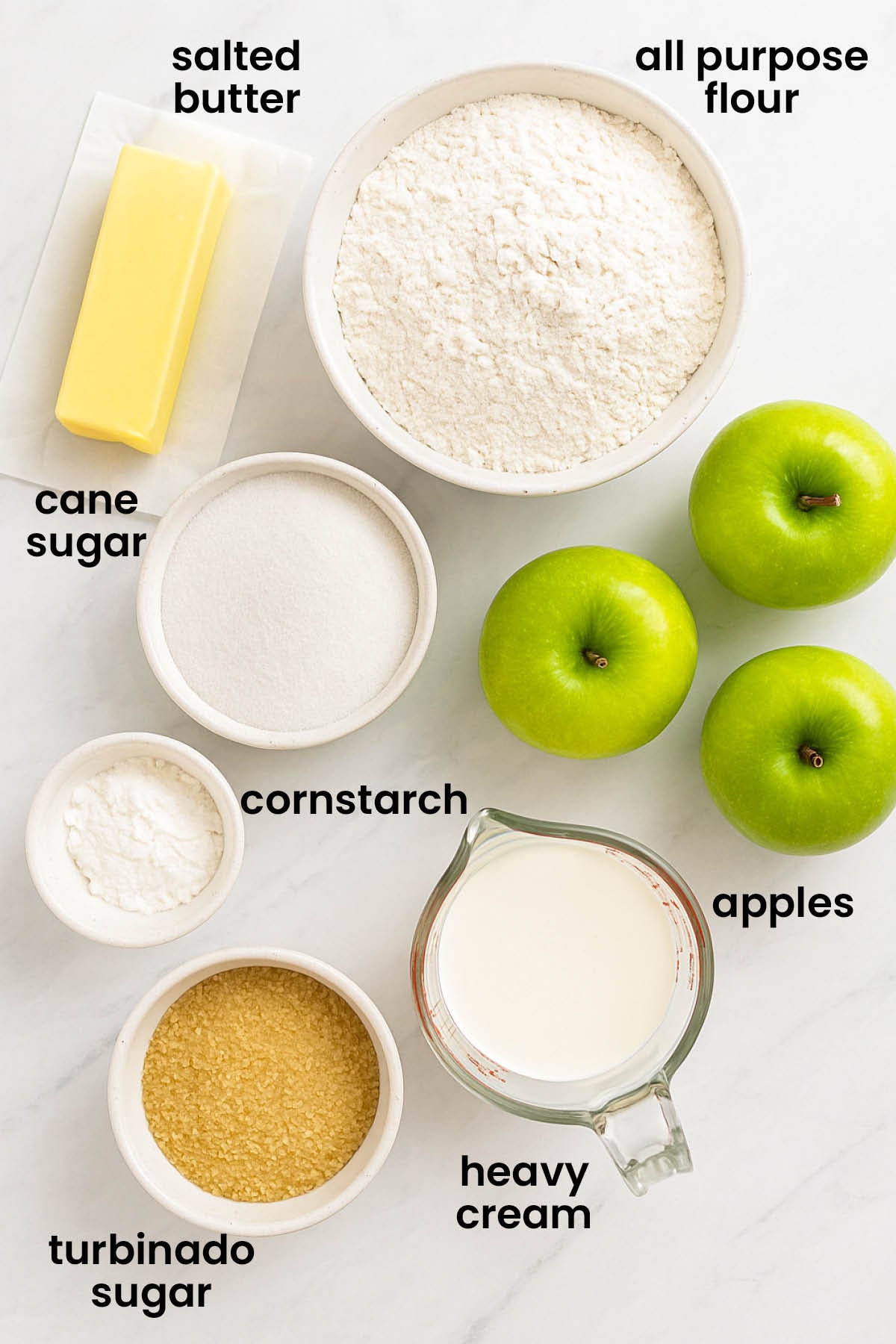 individual ingredients for caramel apple pie laid out against a white background.