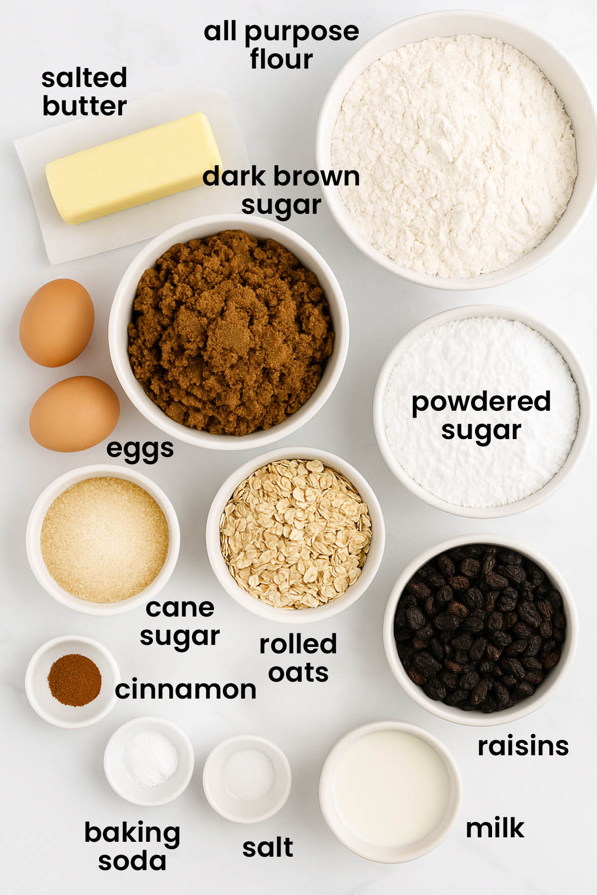 individual ingredients for glazed oatmeal raisin biscotti laid out against a white background.