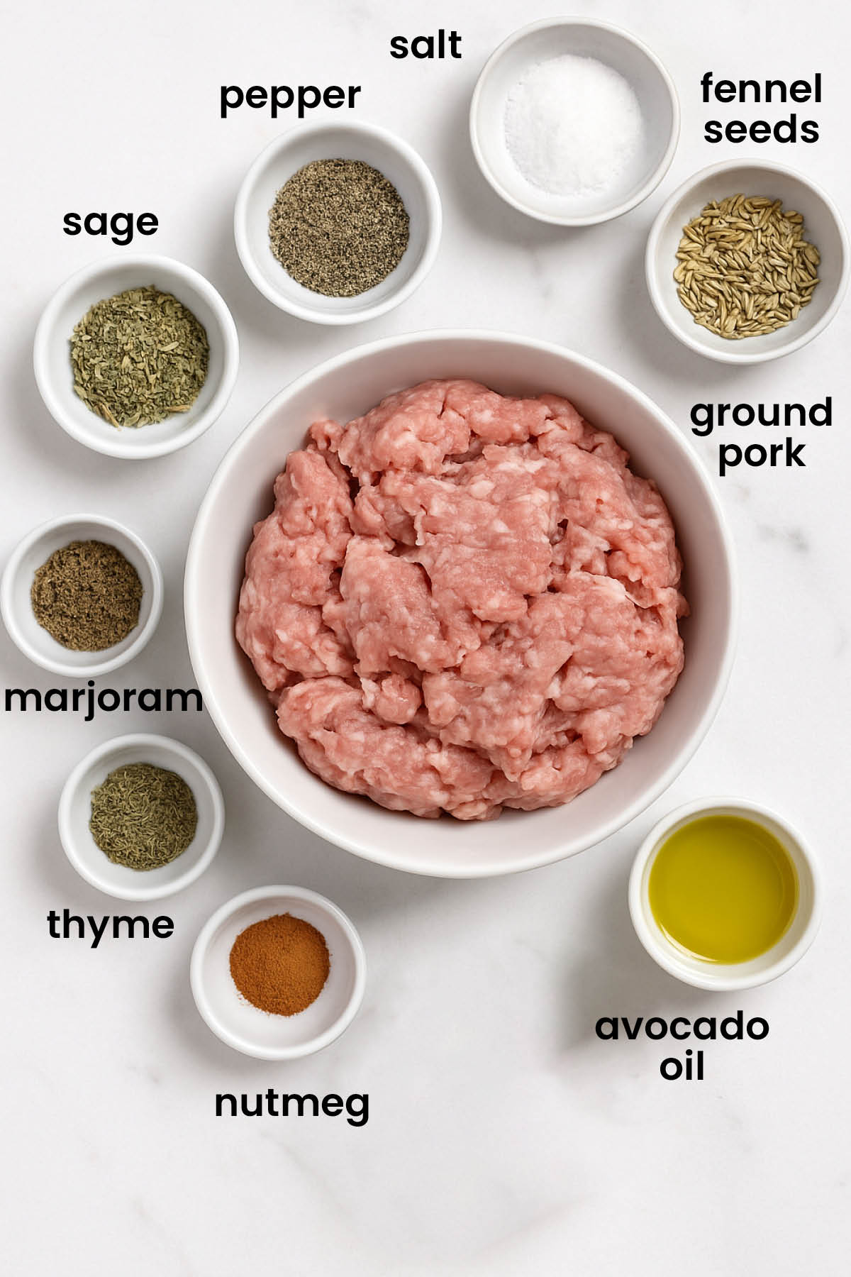 individual ingredients for homemade pork breakfast sausage patties laid out against a white background.