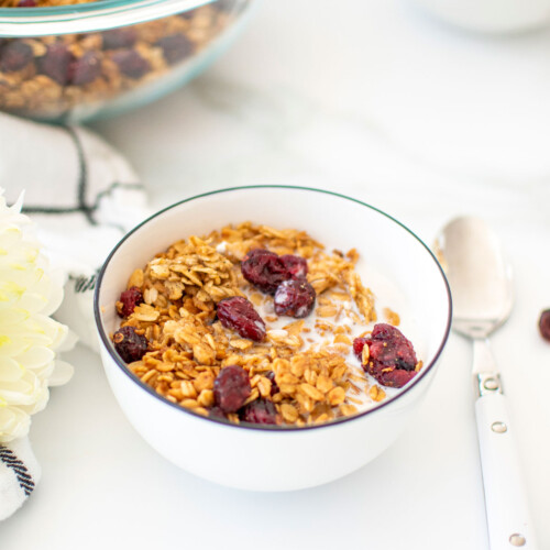 bowl of homemade vanilla granola with cranberries and milk on a white marble counter.