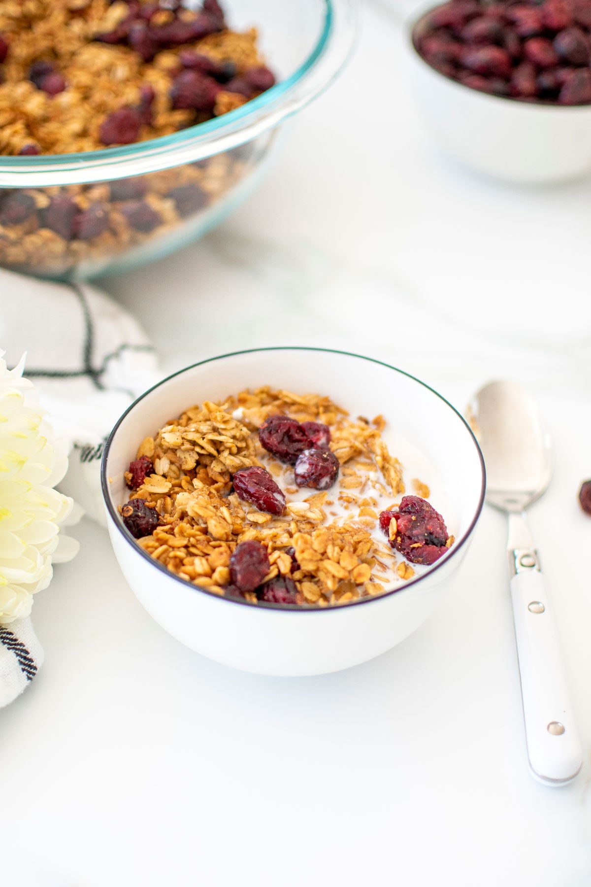 bowl of homemade vanilla granola with cranberries and milk on a white marble counter.