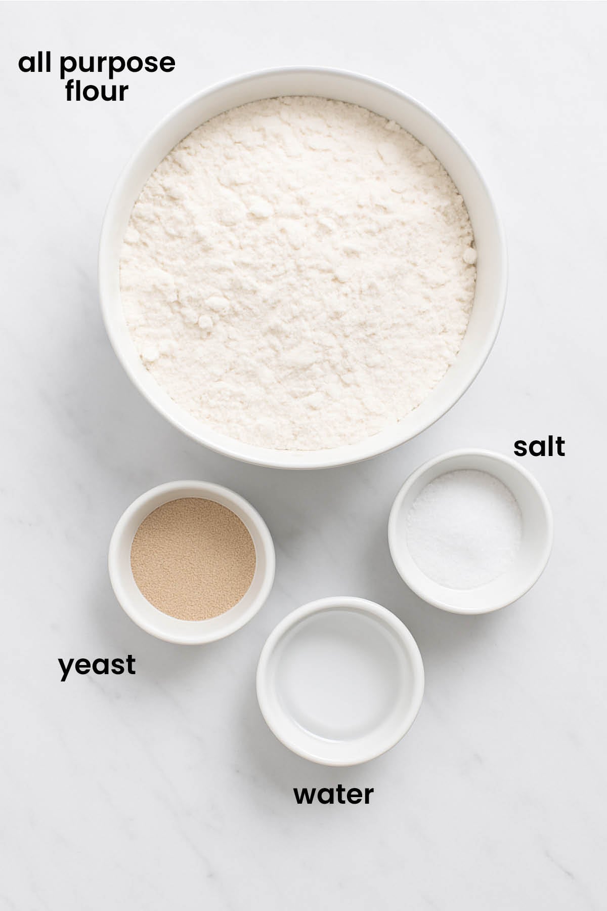 individual ingredients for organic French baguettes with instant yeast laid out against a white background.