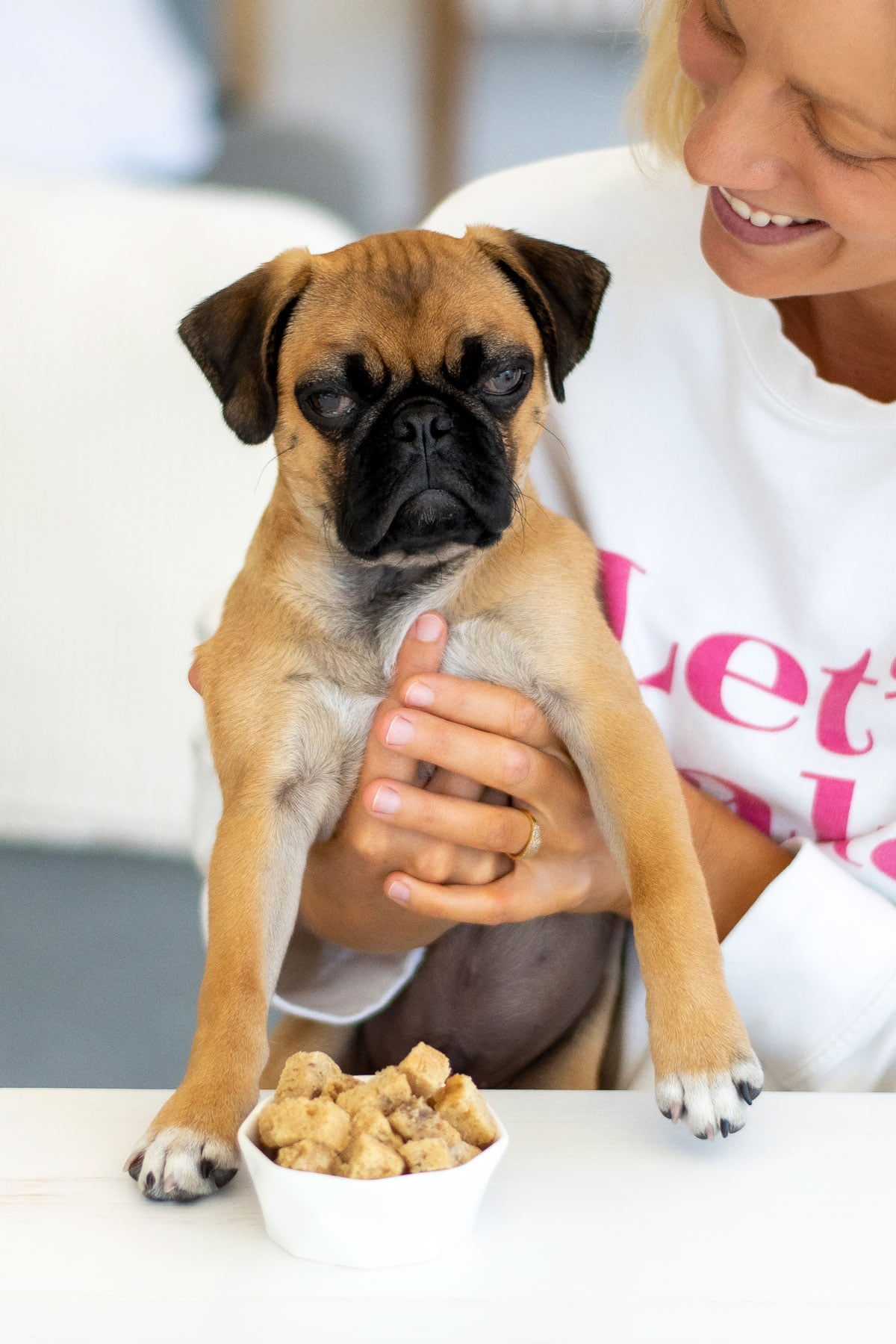 pug sitting at table with woman with a bowl of peanut butter banana dog treats.