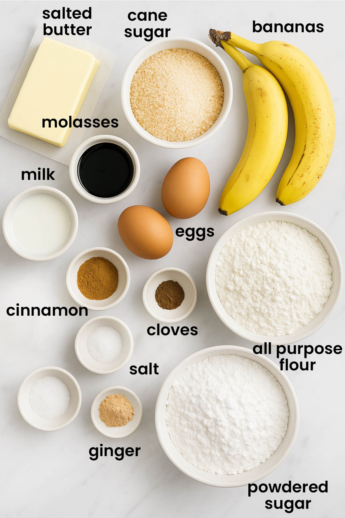 individual ingredients for frosted gingerbread banana bread laid out against a white background.