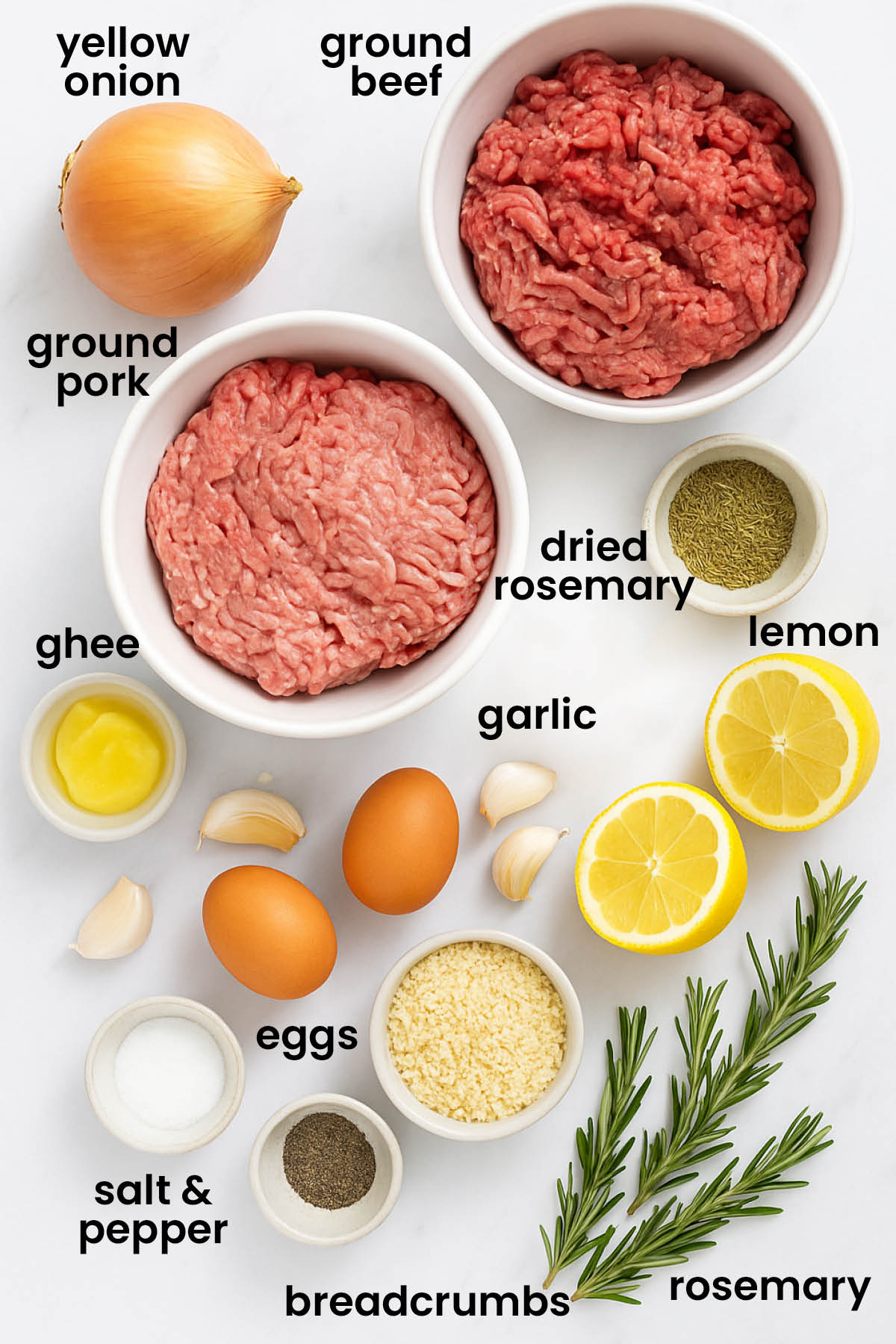 individual ingredients for rosemary meatball bites laid out against a white background.
