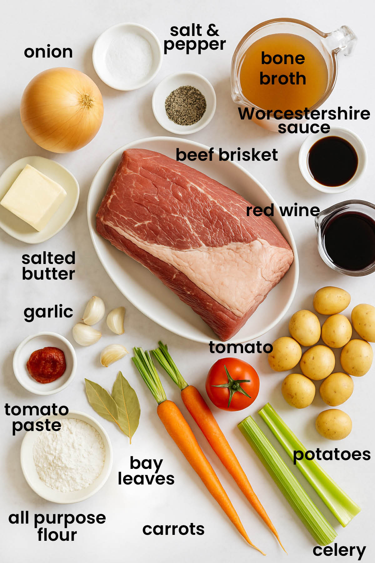 individual ingredients for slow cooker beef brisket stew laid out against a white background.