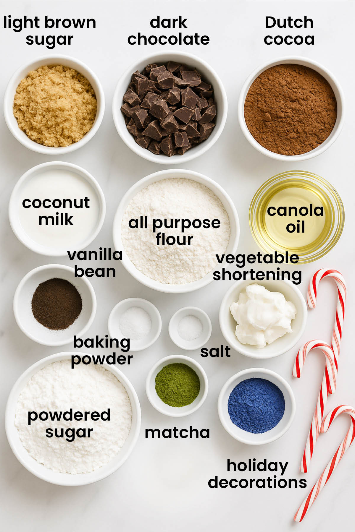 individual ingredients for vegan christmas tree brownies laid out against a white background.