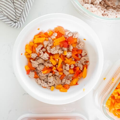 chicken dinner recipe for dogs in a dog bowl on a white marble countertop.