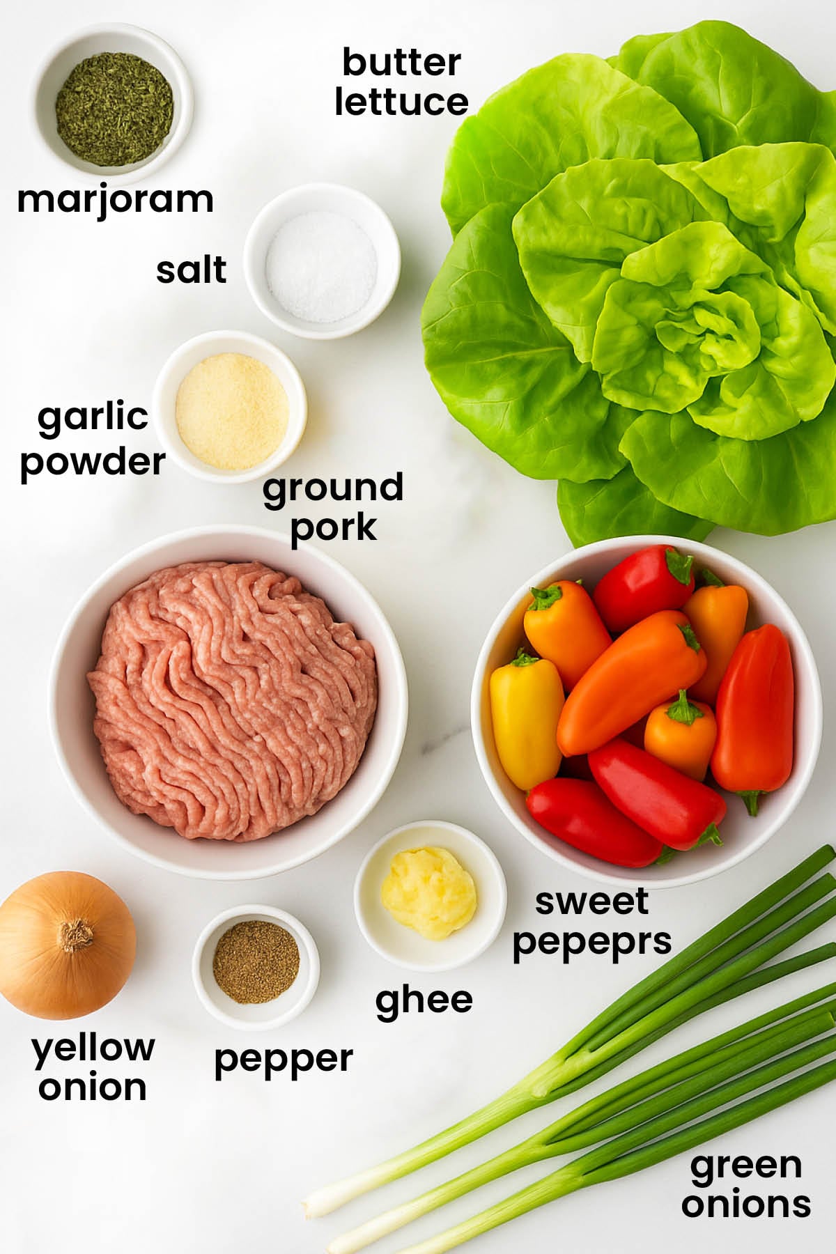 individual ingredients for Chinese five spice lettuce cups with pork laid out against a white background.
