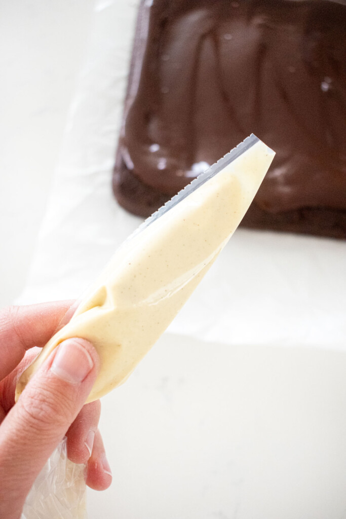 piping bag with melted white chocolate and a small hole cut.