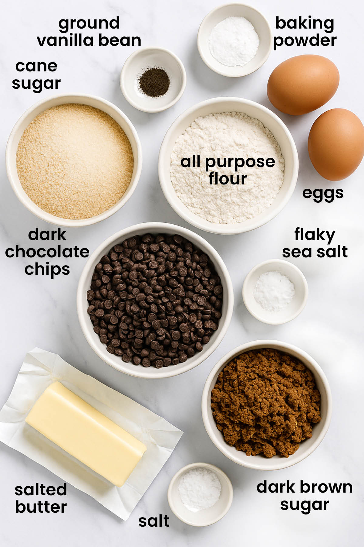 individual ingredients for sea salt black cocoa biscotti laid out against a white background.