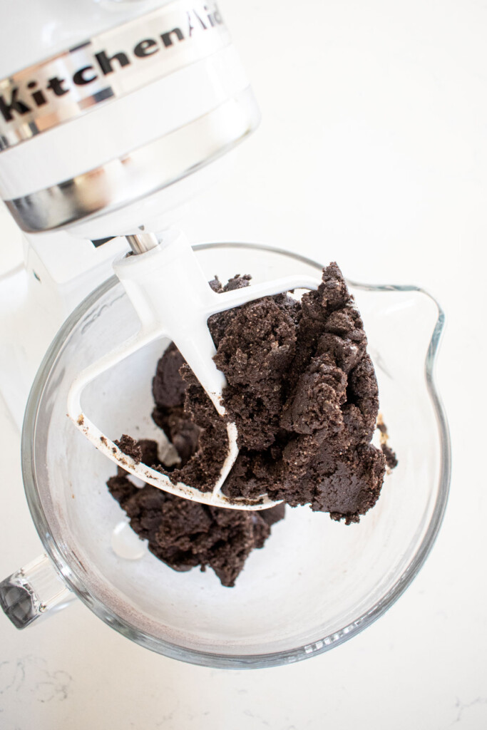 sea salt black cocoa biscotti cookie dough in a glass mixing bowl on a marble counter.