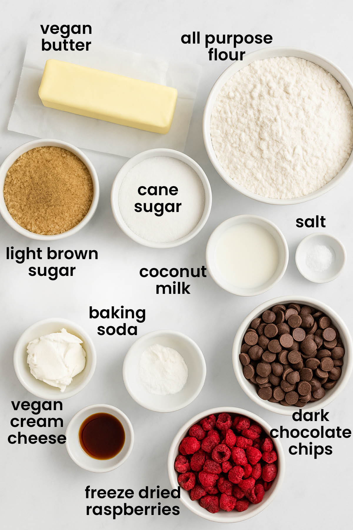 individual ingredients for vegan raspberry chocolate chip cookies laid out against a white background.