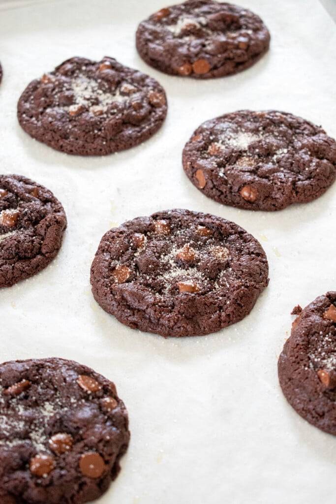 eggless chocolate chocolate chip cookies on a baking sheet.