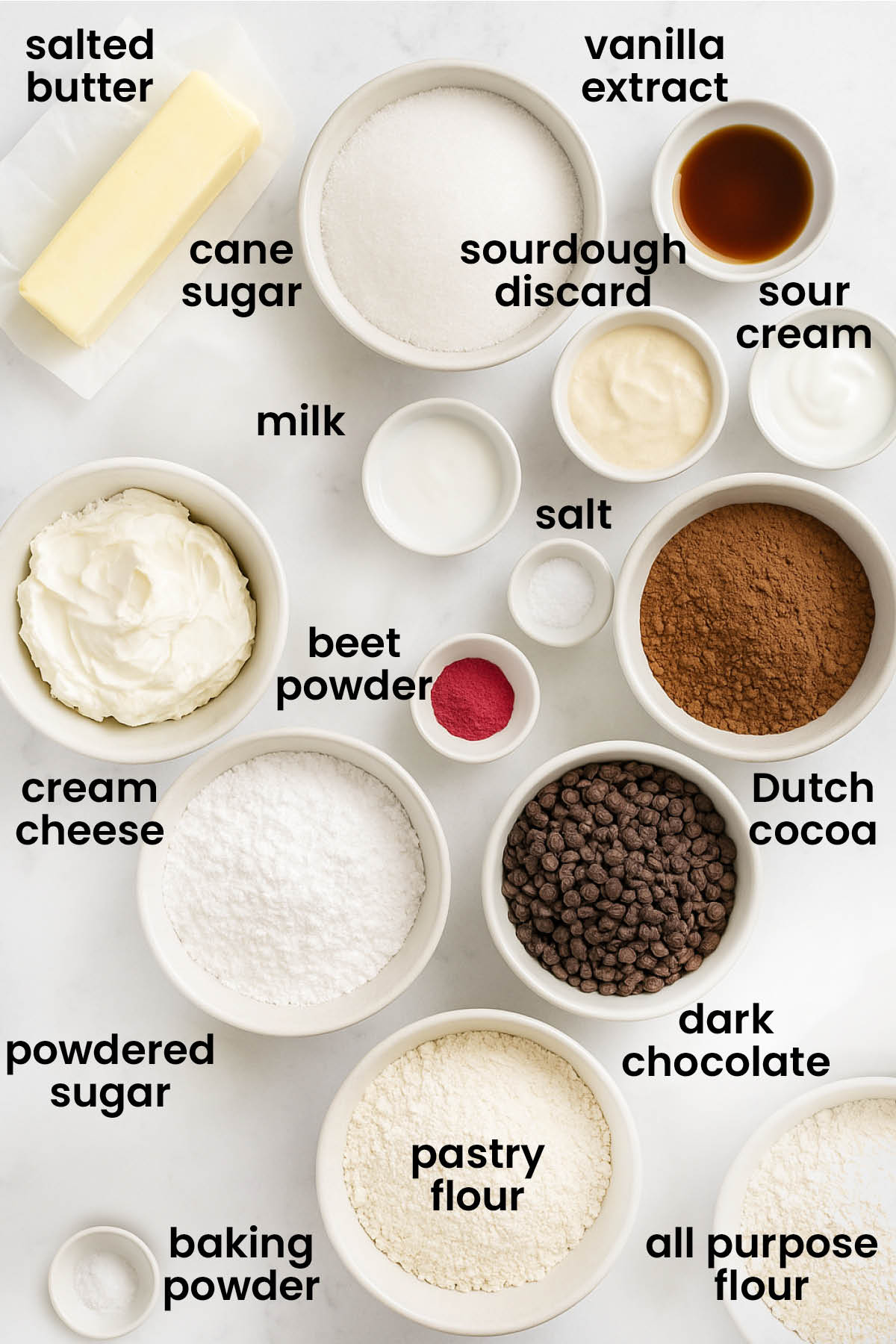 individual ingredients for eggless red velvet sourdough cake balls laid out against a white background.